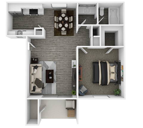 Floor plan for 1 bed, 1 bath, 557 sqft